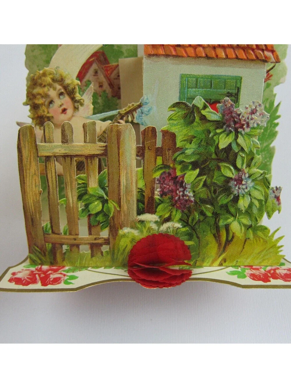 Antique Valentine Honeycomb 3D Pop Up Girl Blue Dress Cupid Roses LARGE UNSIGNED